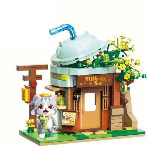 QMAN® K28007 Keeppley készségfejlesztő építőjáték lányoknak 411 db építőkocka - Ash macska Milk tea shopja