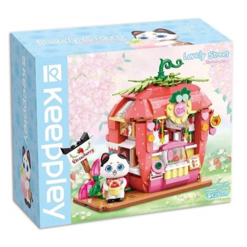 QMAN® K28008 Keeppley készségfejlesztő építőjáték lányoknak 350 db építőkocka - Tuxedo macska eper háza