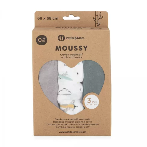 Bambusz muszlin 3db-os pelenka 68 x 68 cm - Moussy Grey Planes