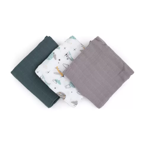 Bambusz muszlin 3db-os pelenka 68 x 68 cm - Moussy Grey Planes