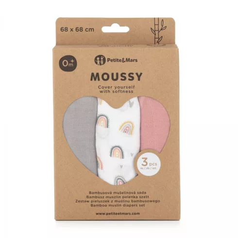 Bambusz muszlin 3db-os pelenka 68 x 68 cm - Moussy Rose Rainbows