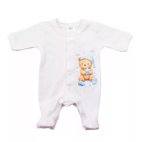 Hosszú ujjú vékony, pamut, elöl patentos rugdalózó Maci mintával (44) - fehér/kék