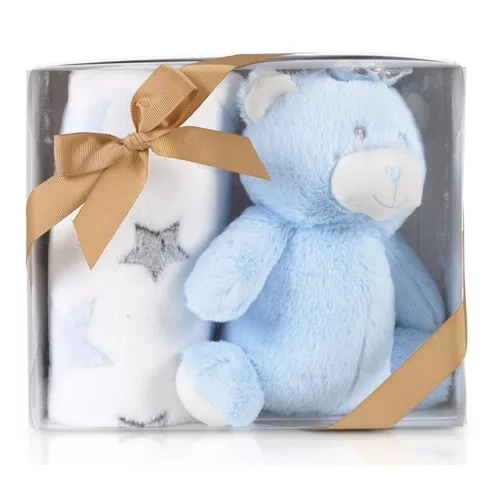 Cangaroo wellsoft takaró 90x75 cm plüss játékkal kék maci