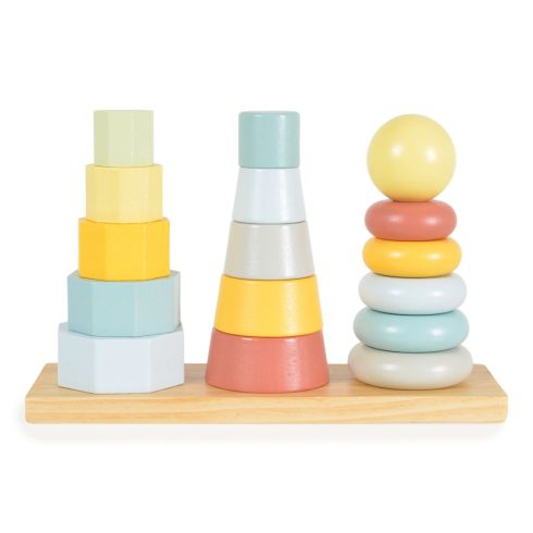 Tooky Toy Fa játék toronyépítő 3 dbos szett Montessori Pasztell