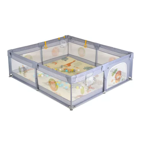 Moni Game Zone összecsukható járóka szőnyeggel, 60 labdával 150x200cm - Szürke 