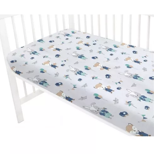 Baby Shop pamut,gumis lepedő 80*160 cm  - kék róka és nyuszi 
