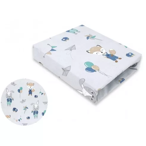 Baby Shop pamut,gumis lepedő 80*160 cm  - kék róka és nyuszi 