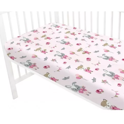 Baby Shop pamut,gumis lepedő 80*160 cm  - rózsaszín róka és nyuszi 