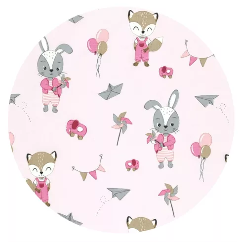 Baby Shop pamut,gumis lepedő 80*160 cm  - rózsaszín róka és nyuszi 