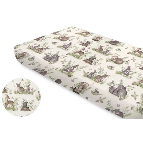 Baby Shop pamut,gumis lepedő 80*160 cm  - Erdei barátok natúr/zöld 