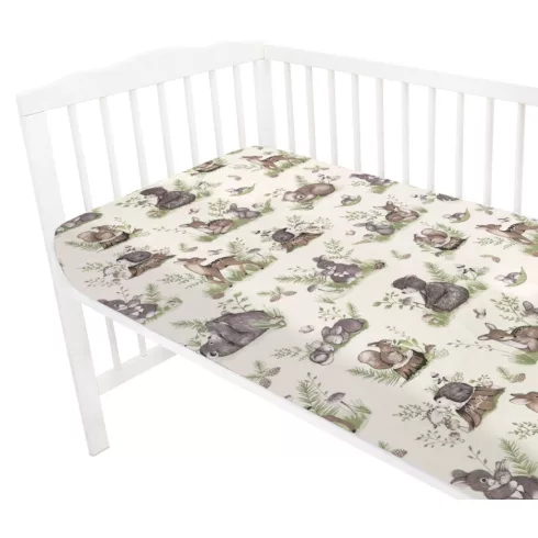 Baby Shop pamut,gumis lepedő 80*160 cm  - Erdei barátok natúr/zöld 