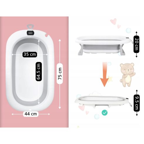 Premium Összecsukható kád hőmérővel és anatómiai támasztékkal + állvány - Szürke