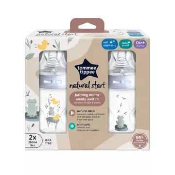   Tommee Tippee Natural Start 2*260ml cumisüveg 0+ - kék (béka&kacsa mintával)
