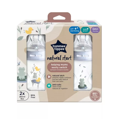 Tommee Tippee Natural Start 2*260ml cumisüveg 0+ - kék (béka&kacsa mintával)