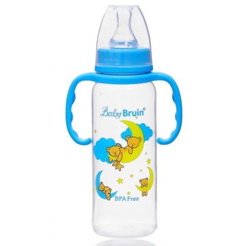   Baby Bruin polipropilén fogantyús cumisüveg, 240ml maci holdon kék
