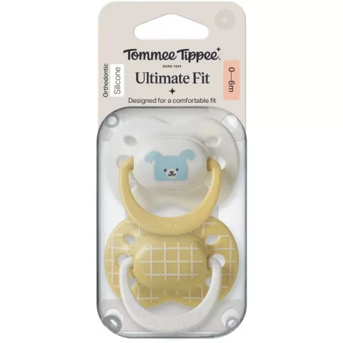 Tommee Tippee Ultimate Fit játszócumi 0-6 hó 2 db - mustársárga/beige kutyus