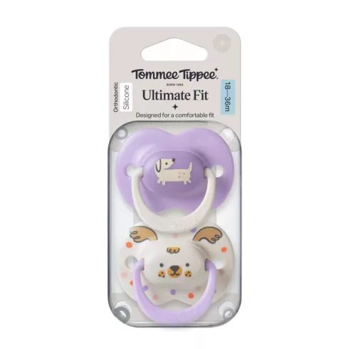Tommee Tippee Ultimate Fit játszócumi 18-36 hó 2 db - fehér/lila kutyus