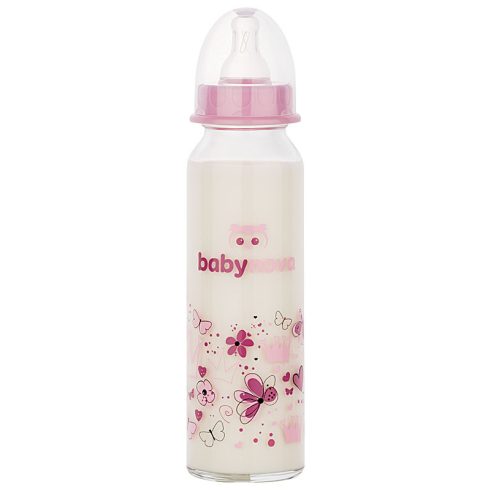 Baby-Nova üveg cumisüveg 240 ml 0-24hó szilikon cumival M-es - rózsaszín