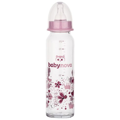 Baby-Nova üveg cumisüveg 240 ml 0-24hó szilikon cumival M-es - rózsaszín