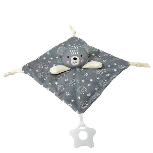 Tulilo puha plüss csörgő,rágóka,alvókendő - szürke maci 