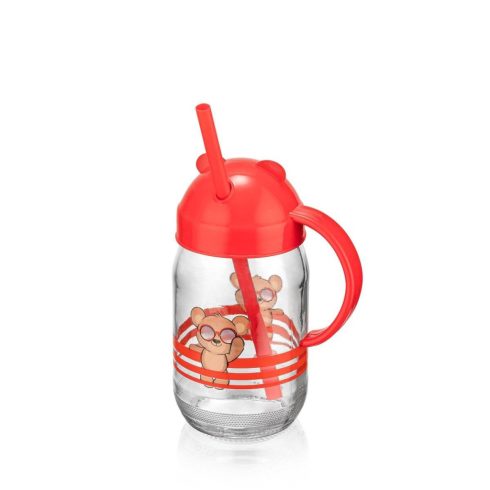 QLUX szívószálas üvegpohár 370ml - Teddy piros
