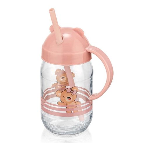 QLUX szívószálas üvegpohár 370ml - Teddy rózsaszín