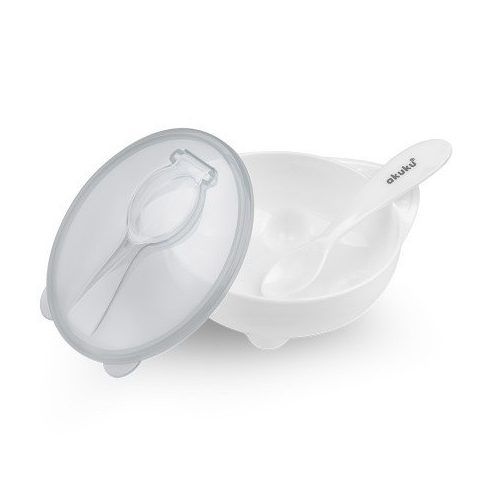 Akuku fedeles tányér kanállal - fehér 