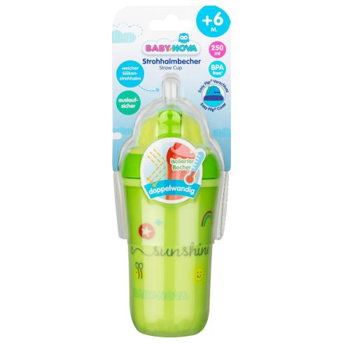 Baby-Nova duplafalú, szívószálas itatópohár 250 ml 6ho+ (zöld)