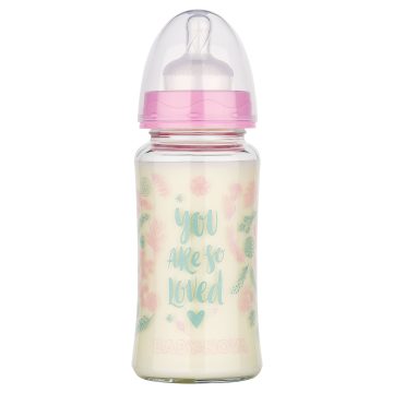   Baby-Nova üveg cumisüveg széles nyakú 230 ml 0-24hó szilikon cumival M-es - rózsaszín