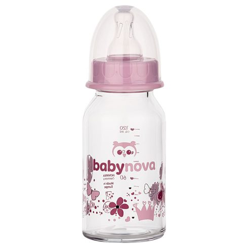 Baby-Nova üveg cumisüveg 120 ml 0-24hó szilikon cumival S-es - rózsaszín 