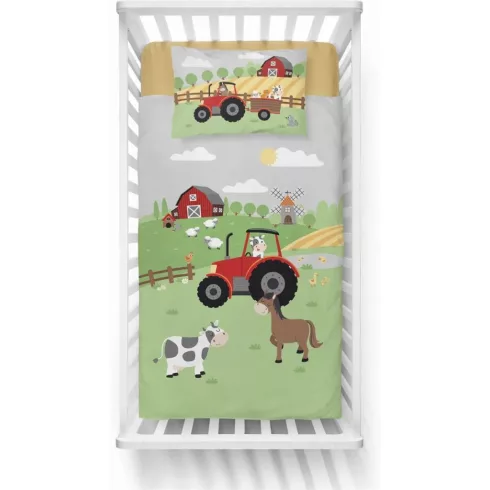 Bambusz ágynemű huzat 90*120 cm - Zöld farm piros traktorral 