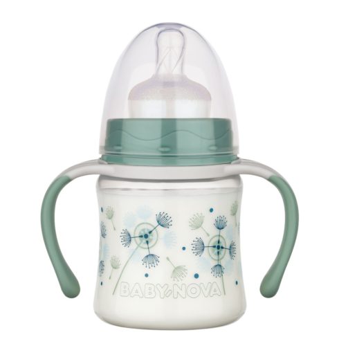 Baby-Nova cumisüveg fogóval széles 150 ml szilikon cumival 0-24 hó - zöld