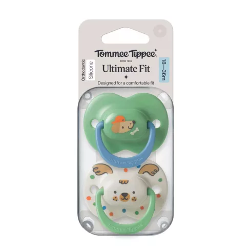 Tommee Tippee Ultimate Fit játszócumi 18-36 hó 2 db - krém/zöld kutyus