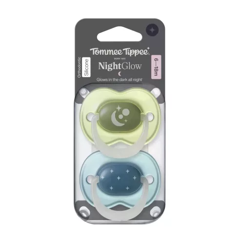 Tommee Tippee Night Glow nyugtató cumi 6-18 hó, 2 db - kék/zöld