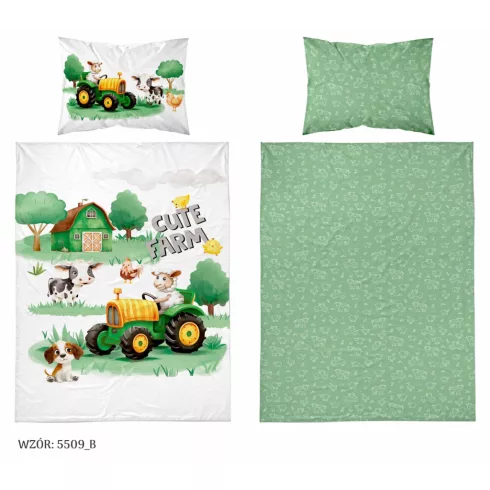 Pamut ágynemű huzat 90*120 cm - Cute Farm zöld traktorral 