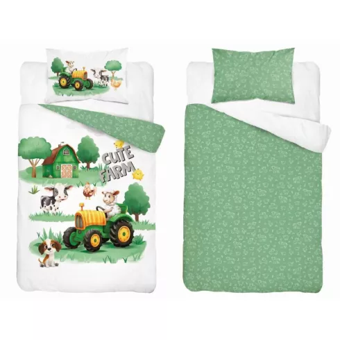 Pamut ágynemű huzat 100*135 cm - Cute Farm zöld traktorral