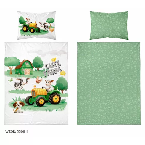 Pamut ágynemű huzat 100*135 cm - Cute Farm zöld traktorral