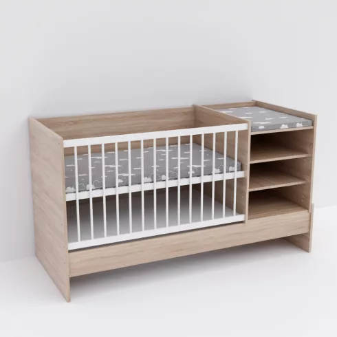 Baby Shop Basic – kombiágy (ágyneműtartóval) sonoma tölgy/bordázott fehér
