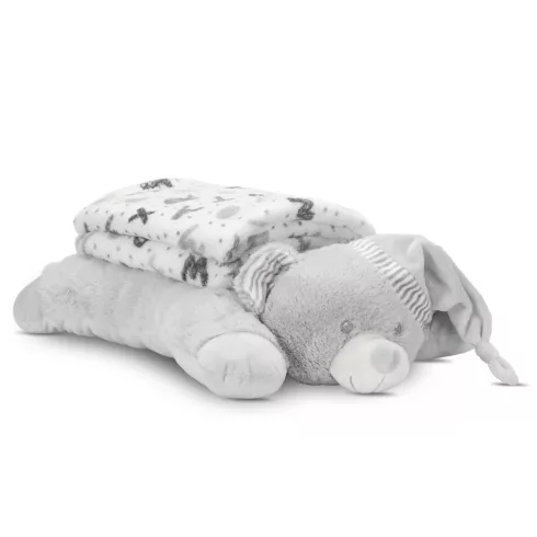 Lorelli Poffy Duo takaró 75x90 cm párnával 45x30 cm - White Grey Teddy Bear