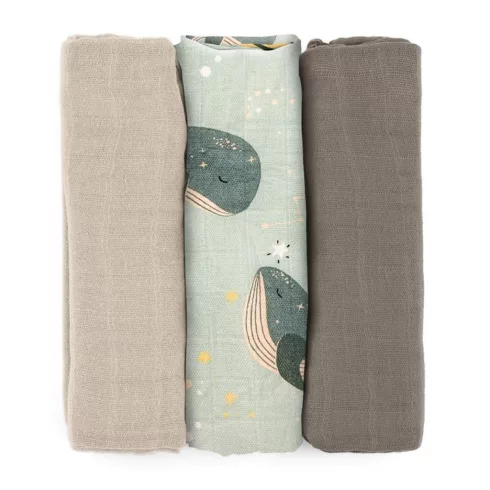 Bambusz muszlin 3db-os pelenka 68 x 68 cm - Moussy Whale Song