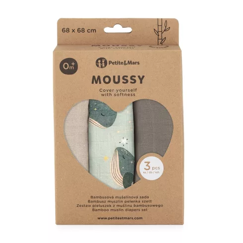 Bambusz muszlin 3db-os pelenka 68 x 68 cm - Moussy Whale Song