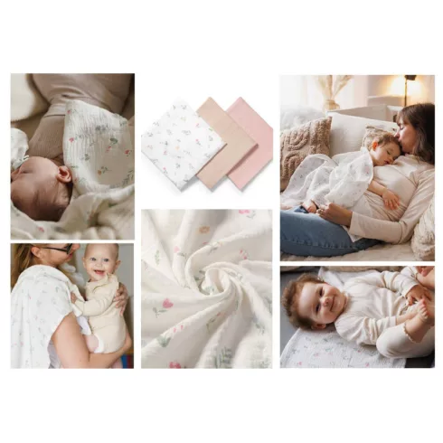 BabyOno Extra puha textil pelenka  3 db gyűrt muszlin - puderrózsaszín
