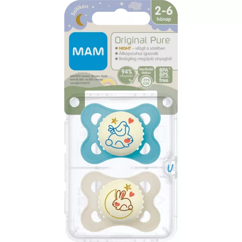 MAM Original Pure Night 2-6 hó nyugtató cumi 2 db-os - kék nyuszi/bézs nyuszi