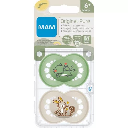 MAM Original Pure 6+ hó nyugtató cumi 2 db-os - zöld farkas/bézs nyuszi