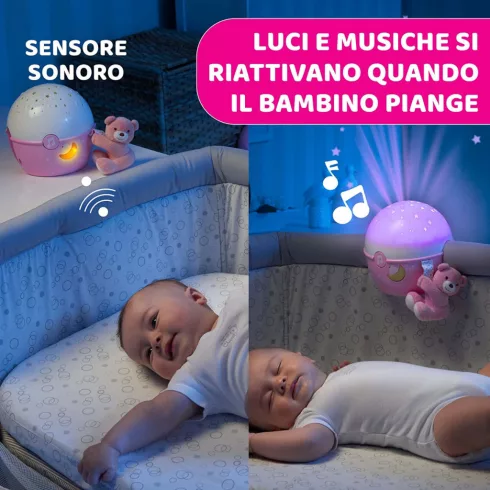 Chicco NEXT2 STARS babaágyra rögzíthető projektor plüss macival - rózsaszín