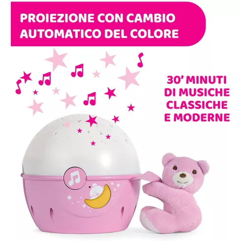 Chicco NEXT2 STARS babaágyra rögzíthető projektor plüss macival - rózsaszín