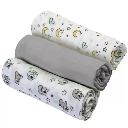 BabyOno 3 db-os színes,mintás textil pelenka - szürke holdas maci
