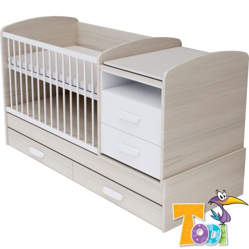 Todi Ice Cream kombi kiságy pelenkázó komóddal - woodline cream/erezett fehér